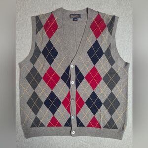 Brooks Brothers Vest, Merino Wool Argyle Cardigan, Preppy Button Up.